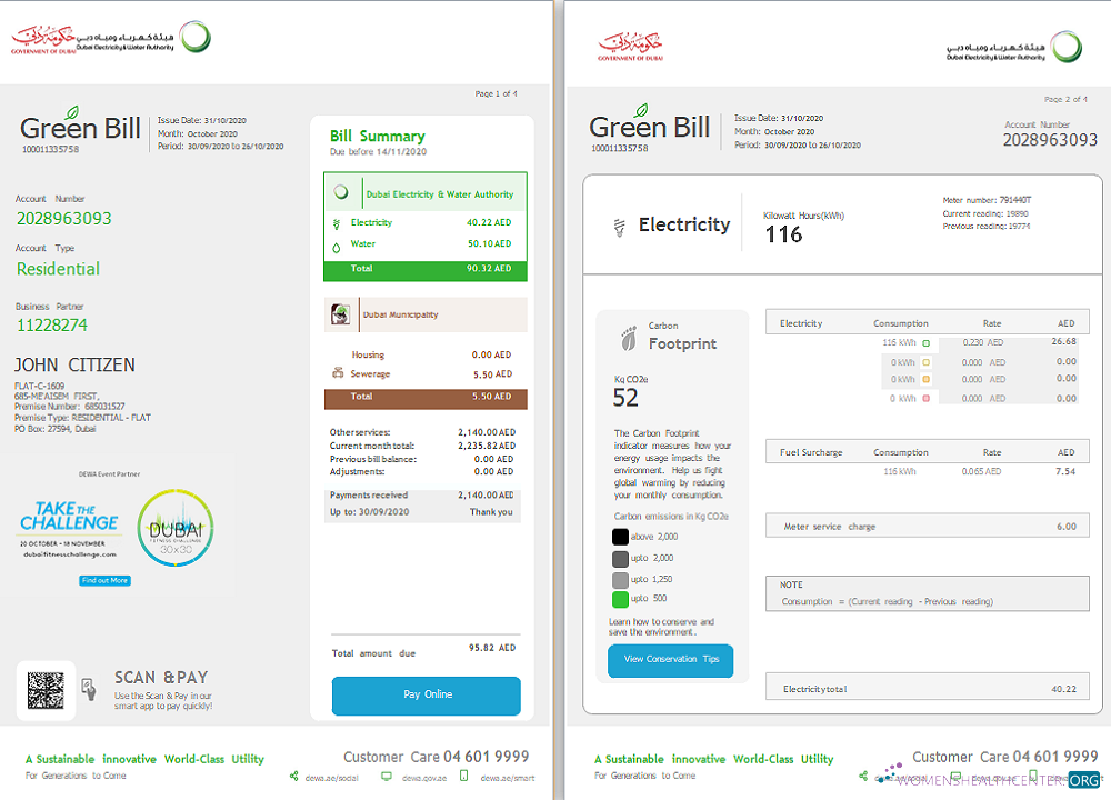 download UAE Dubai Electricity & Water Authority utility bill template in Word and PDF format PDF template